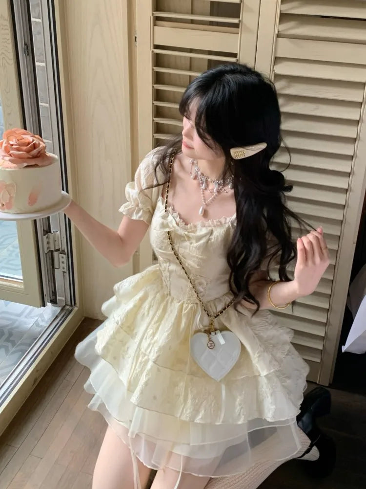 LBSFY -Kroean Y2K Yellow Preppy Style Cake Dress Puff Sleeves Mesh Ball Gown Ruffles Mini Woman Dresses Abend Kleider Spring Summer New