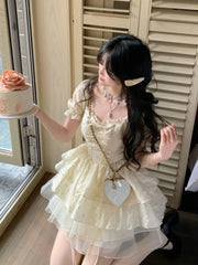 LBSFY -Kroean Y2K Yellow Preppy Style Cake Dress Puff Sleeves Mesh Ball Gown Ruffles Mini Woman Dresses Abend Kleider Spring Summer New