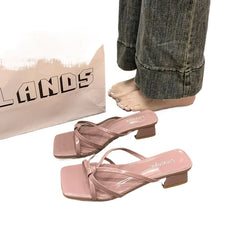 LBSFY -New Style Fashion Women's Shoes Peep Toe Square Toe Women's Slippers Outdoor Stiletto Heel Cross Thin Strip Modern Slippers