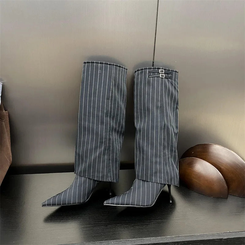 LBSFY  -   Women Knee High Boots Thin Heel Denim Point Toe Winter Retro Shoes Botas Mujer