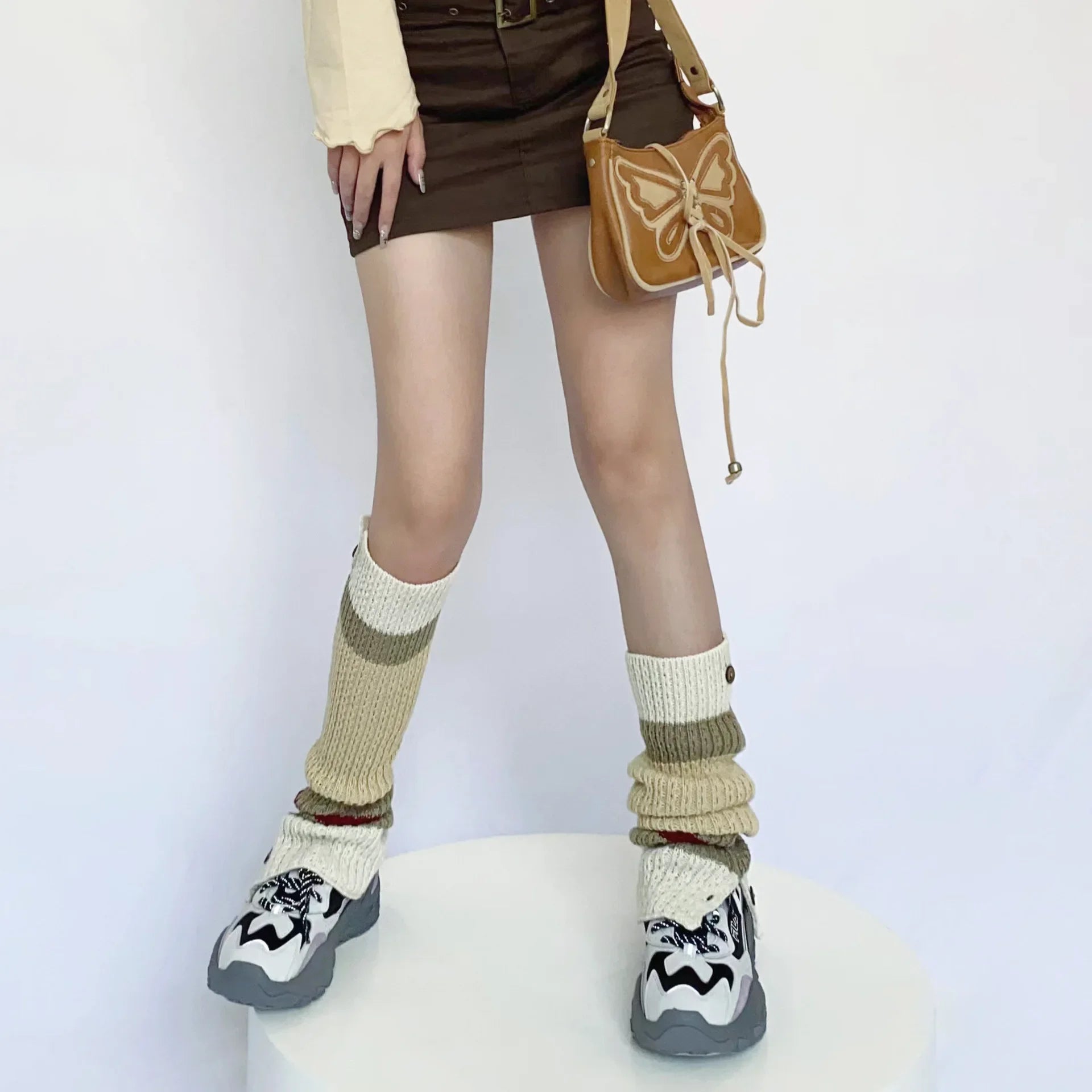 Lbsfy New Retro Leg Warmers Winter Button Opening American Y2K Harajuku Hot Girl Japanese Contrast Color Pile Knitted Wool Long Socks