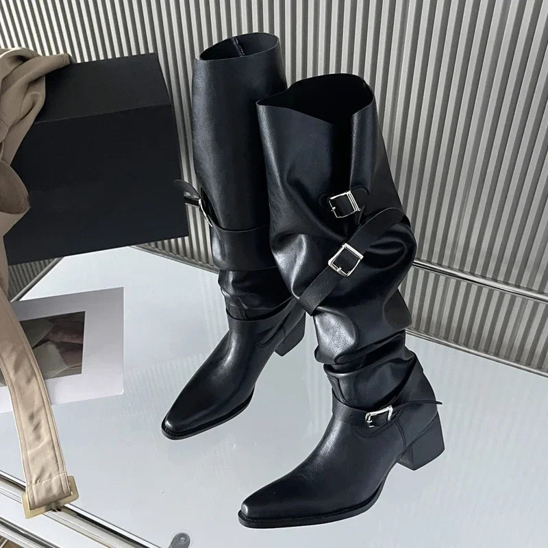 LBSFY -Winter Punk Style Women Knee-High Boots Designer Square Heels Buckle Strap Shoes Ladies Booties Zapatillas De Mujer