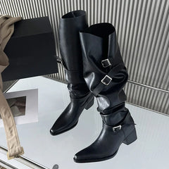 LBSFY -Winter Punk Style Women Knee-High Boots Designer Square Heels Buckle Strap Shoes Ladies Booties Zapatillas De Mujer