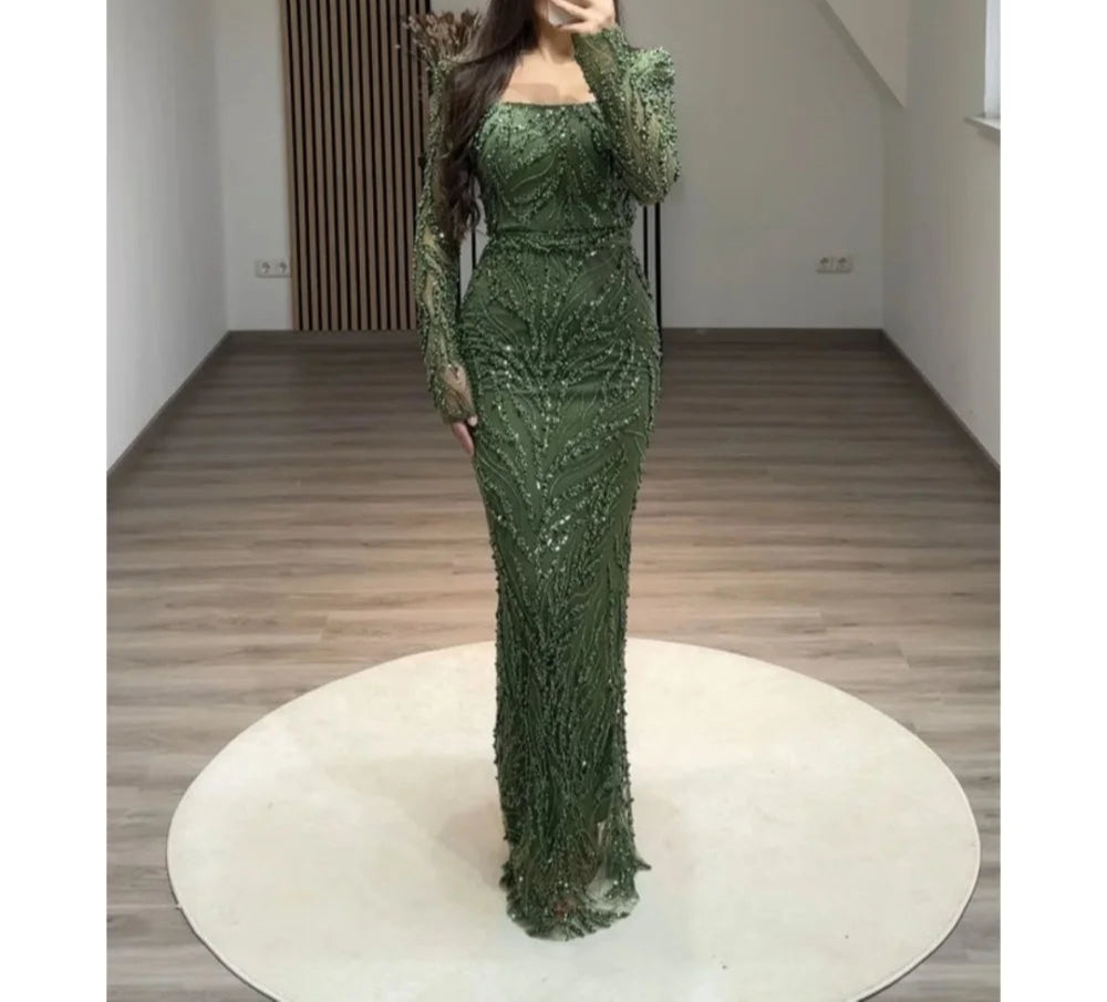 LBSFY  -Green Beaded Square Collar Wedding Dress Long Sleeves vestidos de noche Ankle