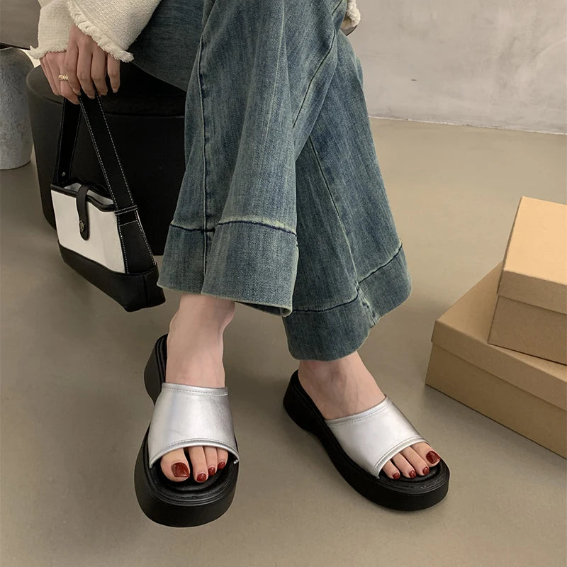 LBSFY  -  2024 Summer Chunky Women Slipper Fashion Open Toe Slip On Ladies Elegant Platform Flats Slides Soft Flat Beach Sandal Shoes