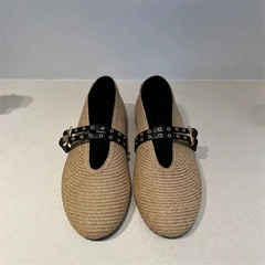 Lbsfy Hand Knitting Buckle Strap Women Ballet Flats Shoes Solid Color Casual Women Mary Janes Shoes Breathable Round Toe Loafers