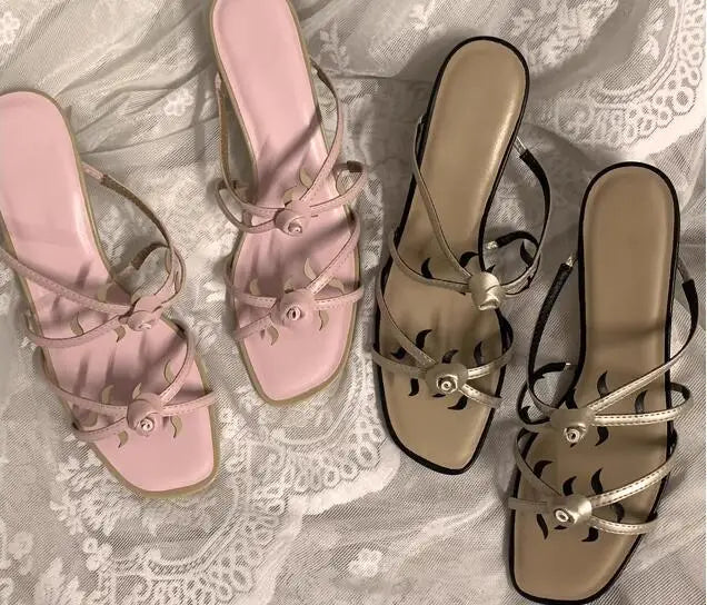 LBSFY  -  Sweet Girls Pink Black Rose Flower Decor Sheep Skin Leather Square Toe Hollow 6 CM Kitten Heels Slippers Women Leisure Sandals