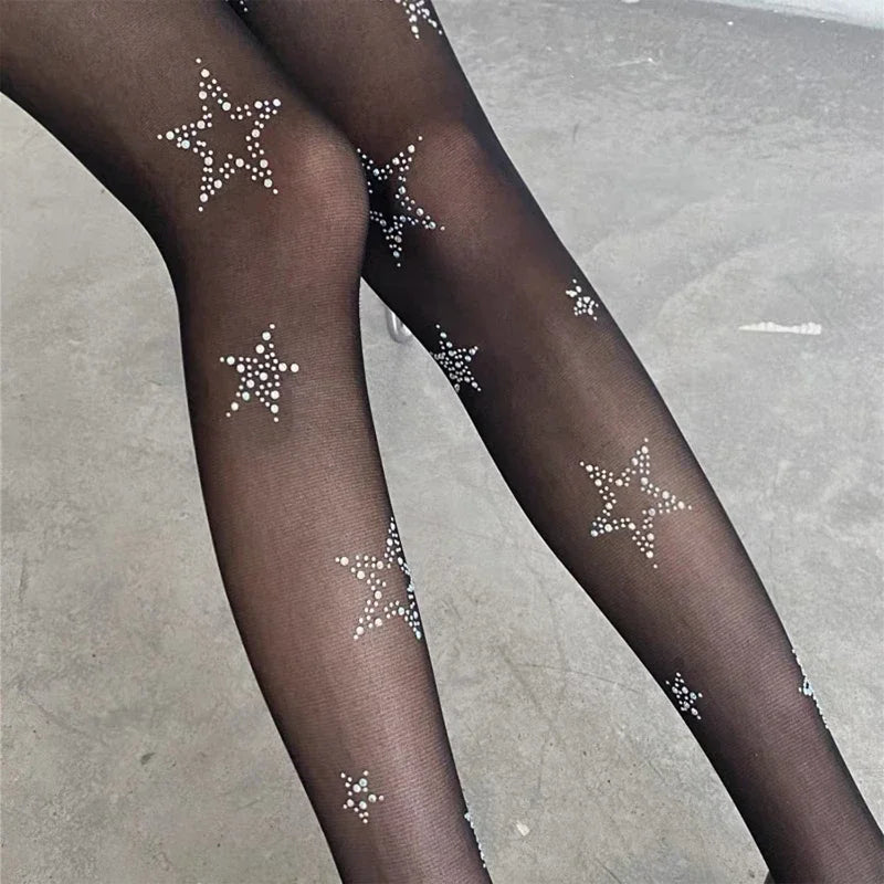Lbsfy Y2k Star Diamond Rhinestone Fishnet Sexy Women Pantyhose Thigh High Stockings JK Lolita Girls Bling Underwear Pantyhose