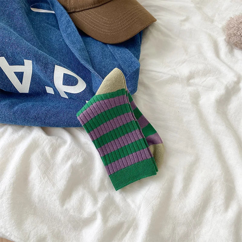 Lbsfy Socks Women Autumn Spring Winter Korea Style Harajuku Street Sport Cotton Stripes Casual Skateboard Mid-tube Sock For Girls Gift
