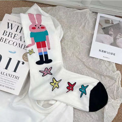 Lbsfy women socks cotton Autumn winter Korean cute kawaii harajuku cartoon rabbit star striped girl mid-tube crew sock lady stockings