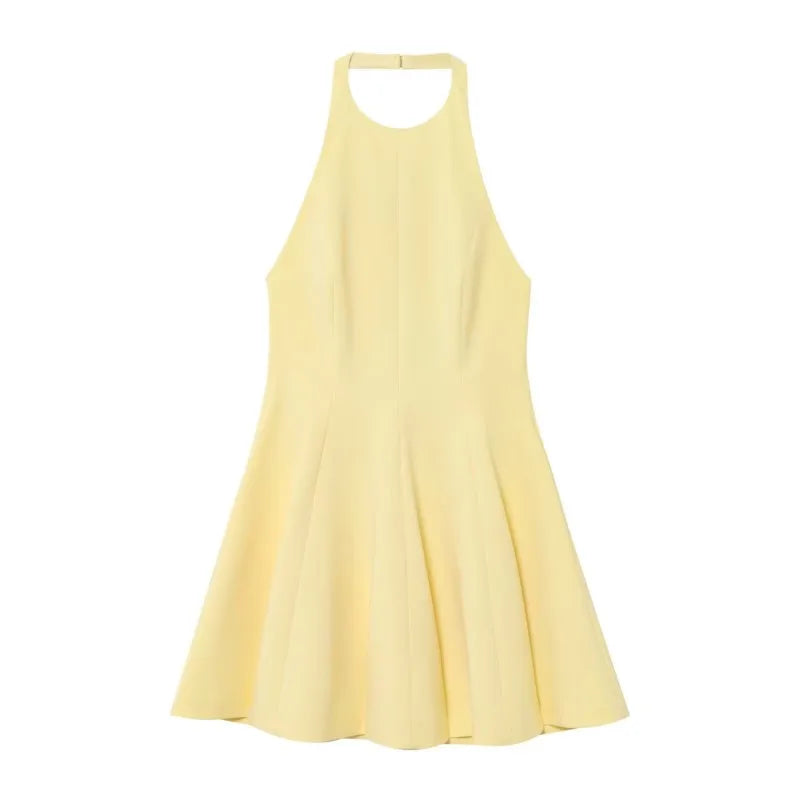 LBSFY -Versatile Halter Neck Backless Short Dress New A-line Zipper Solid Color Yellow Party Dress Fashion Vestidos Woman Clothing