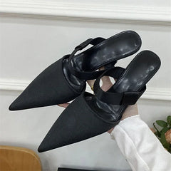 LBSFY -Spring Summer Satin Hollow Mules Women Slippers Elegant Pointed Toe Thin High Heels Dress Ladies Shoes