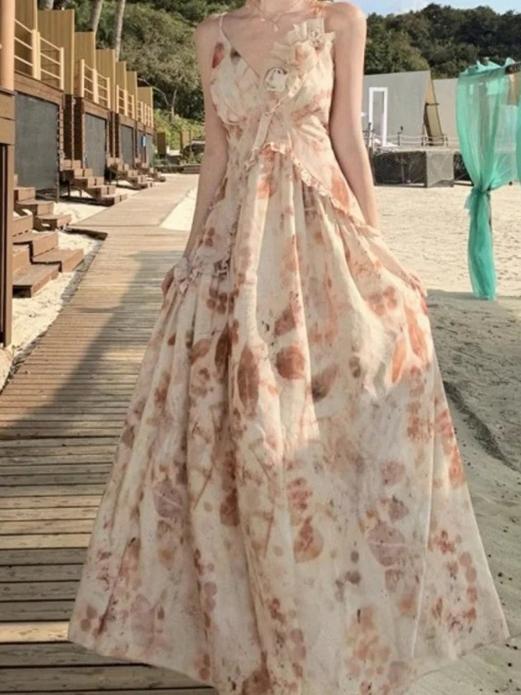 LBSFY -Summer Elegant Vintage Fashion Print Long Women's Dresses 2025 New French Party V-Neck Dress Casual Holiday Beach Fairy Vestidos