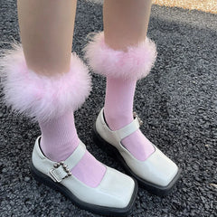 Lbsfy Pink Women Fur Socks Jk Lolita Middle Tube Socks Feather Kawaii Japanese Cotton Funny Cute Pile Socks Cosplay Party Accessories