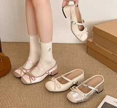 LBSFY  Spring Slip On Women Mules Mary Jane Shoes Fashion Square Toe Butterfly-knot Slides Casual Street Style Low Heel Shoes