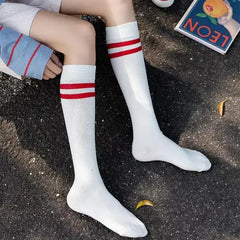 Lbsfy Sports Style Calf Socks Japanese Korean Student JK Stripe College Style Girl Cotton Socks Pile Up Socks Baseball Stockings