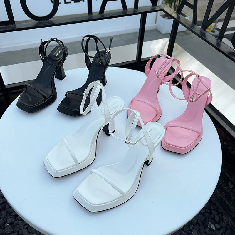 LBSFY  - Fashion Women Sandals Black White Blue Pink Open Toe Narrow Band Ankle Strap Thick High Heels Party Dress Sandals Dress Shoes