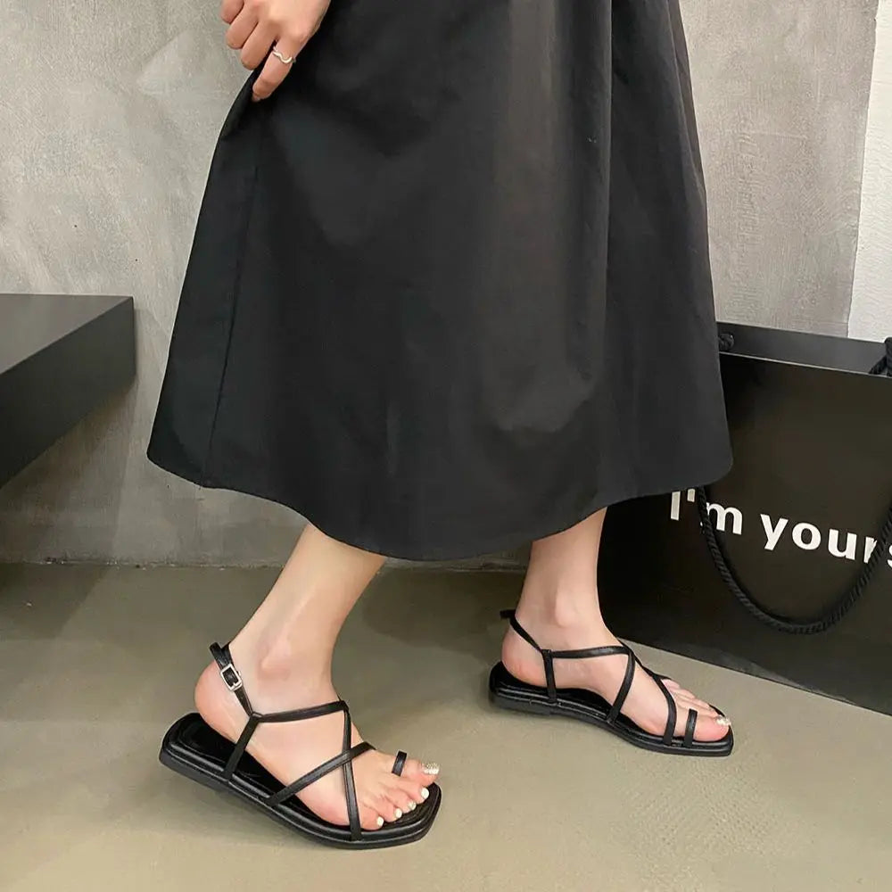 LBSFY  -  Clip Toe Women Sandals Narrow Band Hollow Sexy Summer Dress Shoes Flat Heels Back Strap Fashion Outside Mules Shoes Woman 35-39