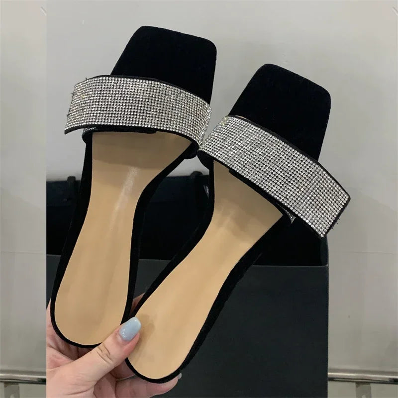 LBSFY -Summer Fashion Bling CRYSTAL Diamonds Square Toe Women Slippers Low Heels Party Dress Mules Slide Shoes