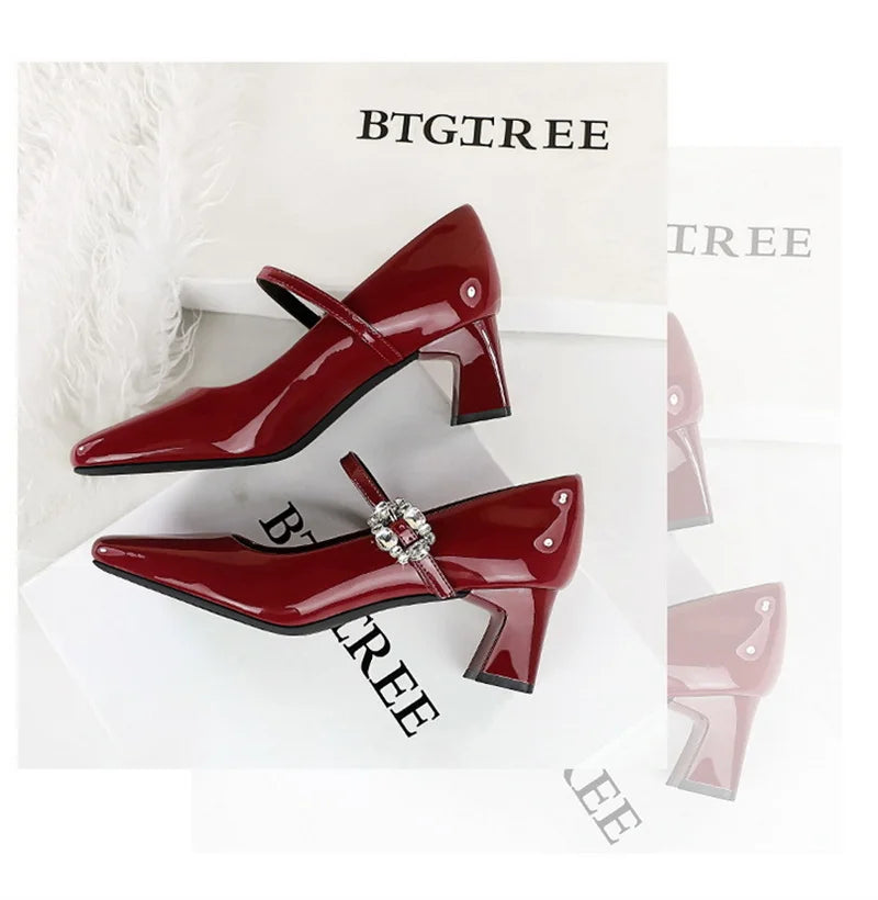 LBSFY -Banquet Mary Jane Women Single Shoes Square Toe Light Mouth Patent Leather One-Striped Rhinestone Buckle Thick Heel Medium Heel