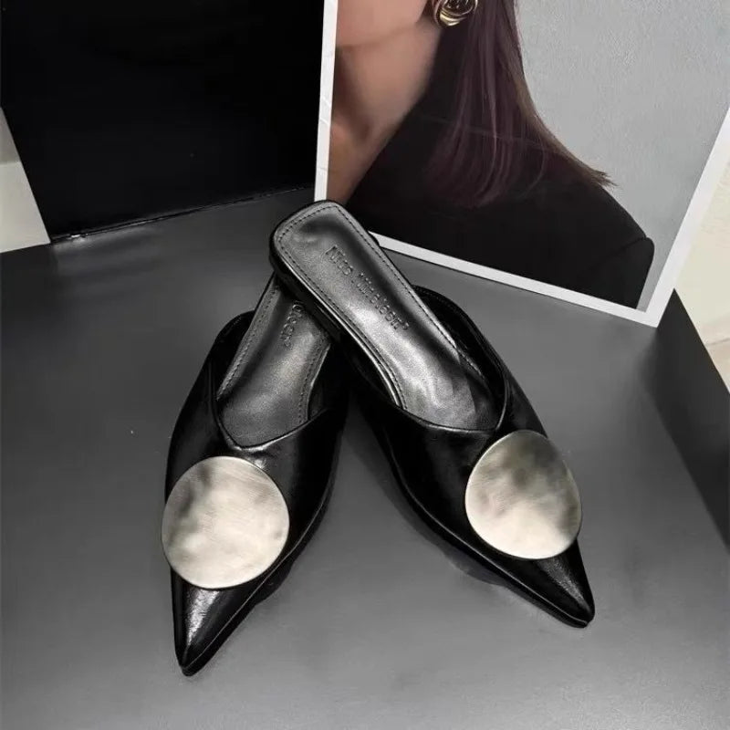 LBSFY -New Women Slippers Designer Flat Sandals Summer Slides Non-slip Metallic Color Fashion Footwear Brand Pointed Toe Mules Ladies