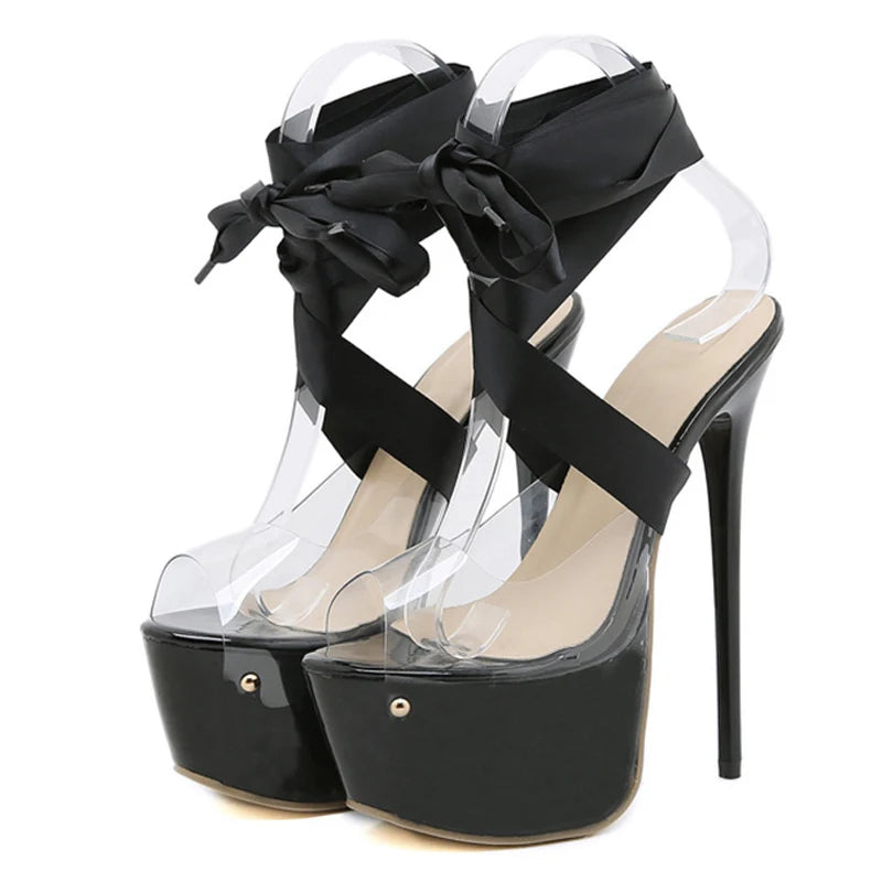 LBSFY  -Sexy Red Thigh High Lace-Up Platform Sandals Women 16.5 CM Transparent Shoes Stiletto Peep Toe Nightclub Stripper Heels