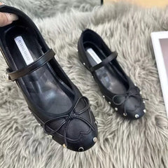 LBSFY -New Style Fashion Elegant Mary Janes Women's Flat Daily Dress Ladies Bow Tie Shallow Buckle Strap Soft Bottom Outdoor Flat Pumps