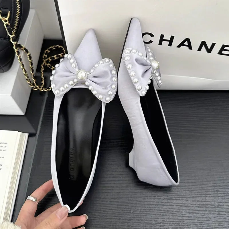 Lbsfy Bowknot Elegant Office Women Shoes Shallow Fashion Satin Pearl Low Heel Dress Shoes Pointed Toe Comfort Loafers Mules Shoes