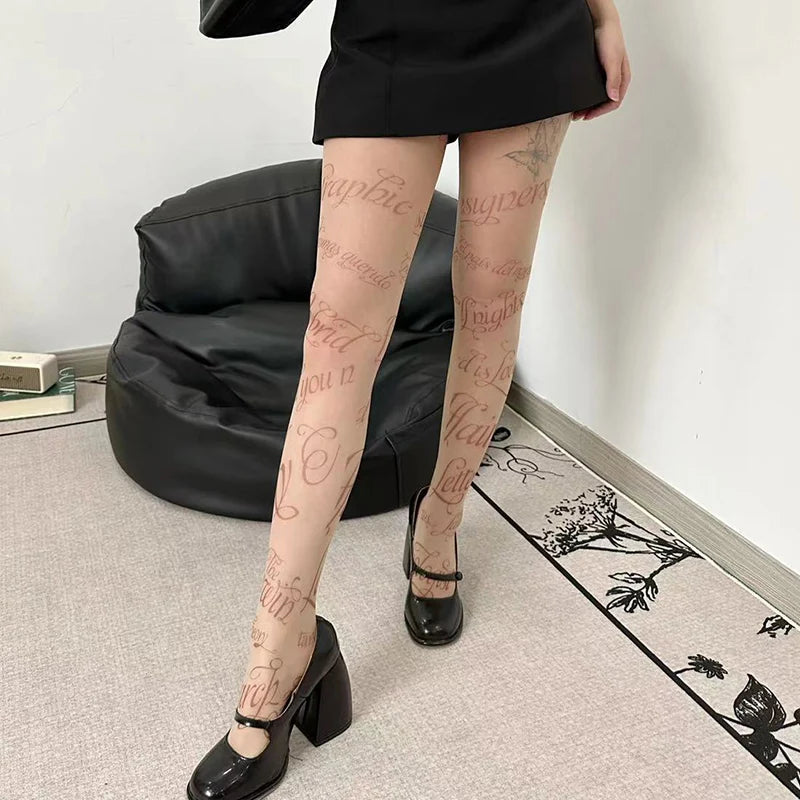 Lbsfy Women Sexy English Printed Stockings Lolita Pantyhose Punk Letter Tattoo Tights Cosplay Lace Fishnets Tights Party Accessories