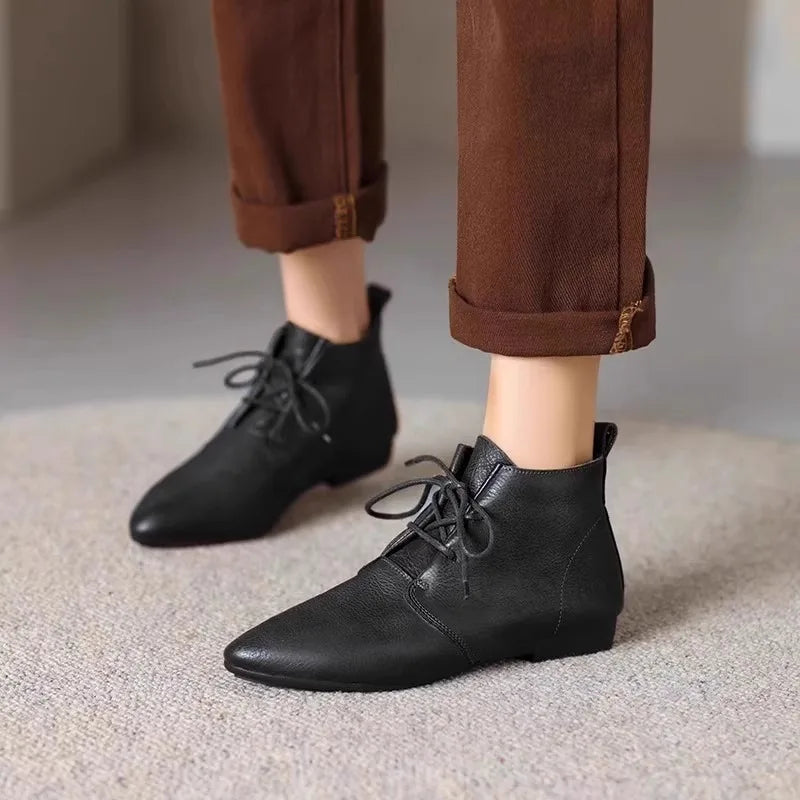 LBSFY -Women's Ankle Boots Solid Color Leather 2026 Autumn Fashion Pointed Toe Lace-up Flat Boots for Women Casual Retro Sewing Shoes