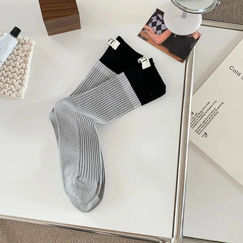 Lbsfy Fashionable and versatile Contrast colored socks women's high top pile up socks Korean version of spring/summer cotton socks