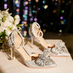 LBSFY  -  Size 32-43 Pointed Hollow Bride Wedding Shoes Women Gold Heels Dress Shoe Rhinestone Crystal Pearls Strap Shoes