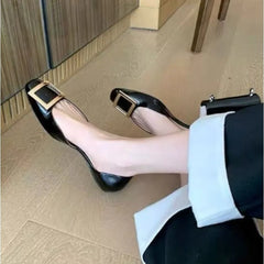 LBSFY -New Women Sandals Metal Square Buckle Leather Thick Heel Square Toe Sandal Spring Casual Low Heel Back Strap Fashion Sandals