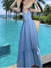 LBSFY -Sky Blue Summer Elegant Fashion Bohemain Style Dresses For Woman V-Neck Lace-Up Backless Sleeveless Sling Dress Beach Vacation