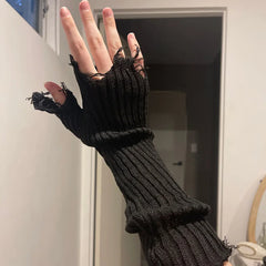 Lbsfy New Girl Gloves Black  Beige Tattered Punk Unisex Fingerless Cuff Knit Glove Women Men Elbow Mittens Broken Arm Warmer Gloves