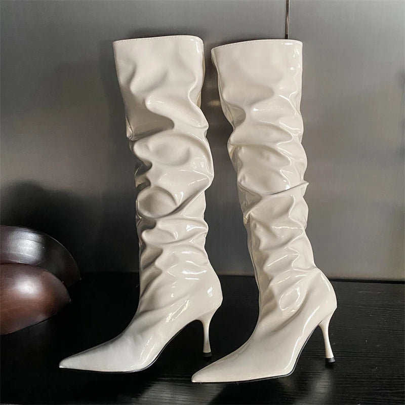 LBSFY  -   2025 PU Autumn Rome Fashion Solid Women Shoes Buckle Pleated Pointed Toe Knee-High Boots Women Boots Thin Heels DRESS