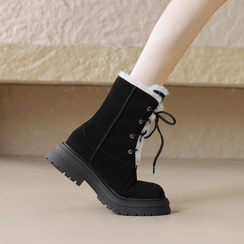 LBSFY  -  NEW Winter Women Boots Cow Suede Leather Shoes for Women Round Toe Thick Heel Shoes Lace-up Platform Short Boots Wool Snow Boots