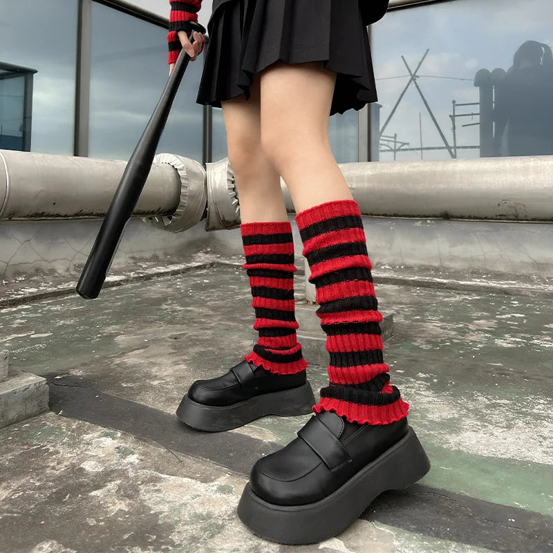 Lbsfy Lolita Long Socks Women's Leg Warmers Red Black Strip Arm Warmer Keep Sleeve Autumn Winter Crochet Socks Boot Cuffs Accessories