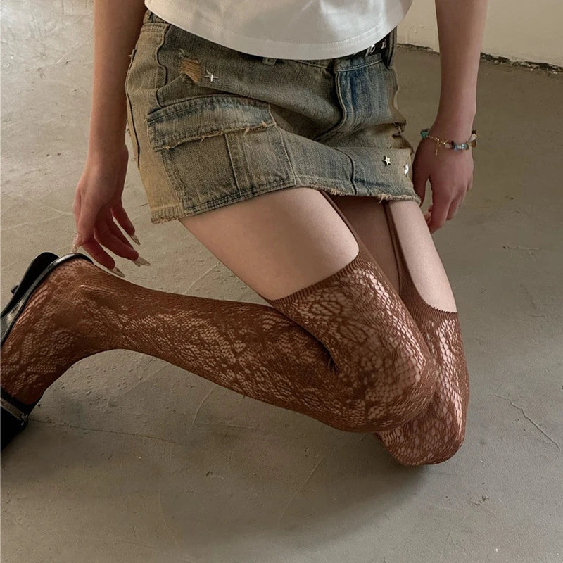 Lbsfy 8 Colors Sexy Lace Pantyhose for Women Hollow Mesh Flower High Fishnet Stockings Japanese Lolita Sexy Breathable Party Tights