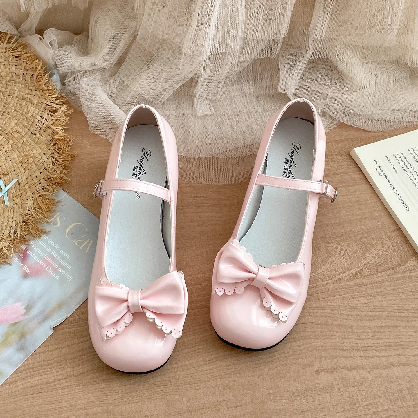 LBSFY -Cute Butterfly-knot Women Lolita Mary Jane Shoes Concise Thick Heel Leather Shoes Ladies Shallow Pumps