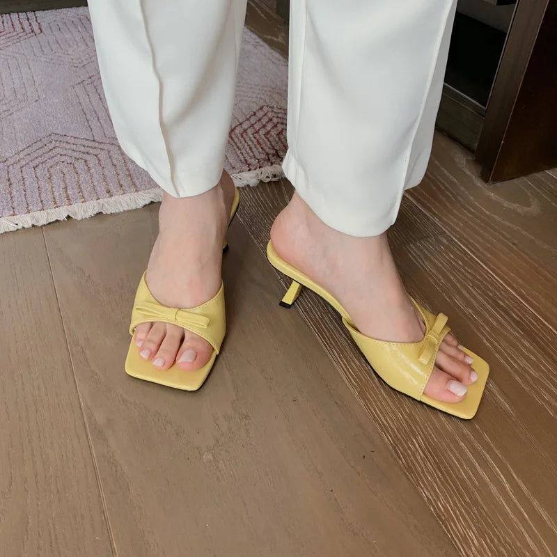 LBSFY  -  Fashion Women Slippers Open Toe Solid Color Black Yellow White Thin High Heels Party Pumps Shallow Dress Shos Woman Size 35-39