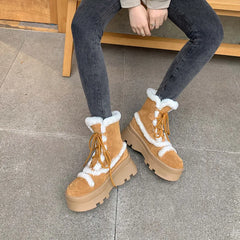 LBSFY  -  Outdoor Casual Winter Warm Women Snow Ankle Boots Platforms Cow Suede Leather Lace-Up Wool Shoes Woman Office Ladies