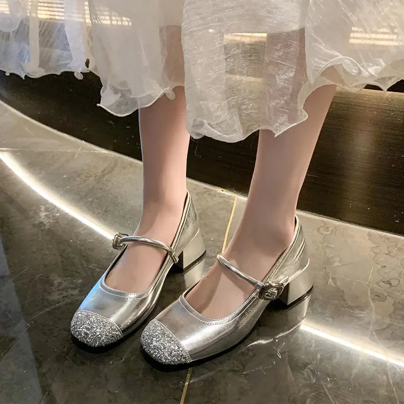 LBSFY -Women's Mary Jane Shoes Leather Summer Dresses French Style Wear-resistant Round Toe Mid Heel Ladies Design Single Lolita Shoes