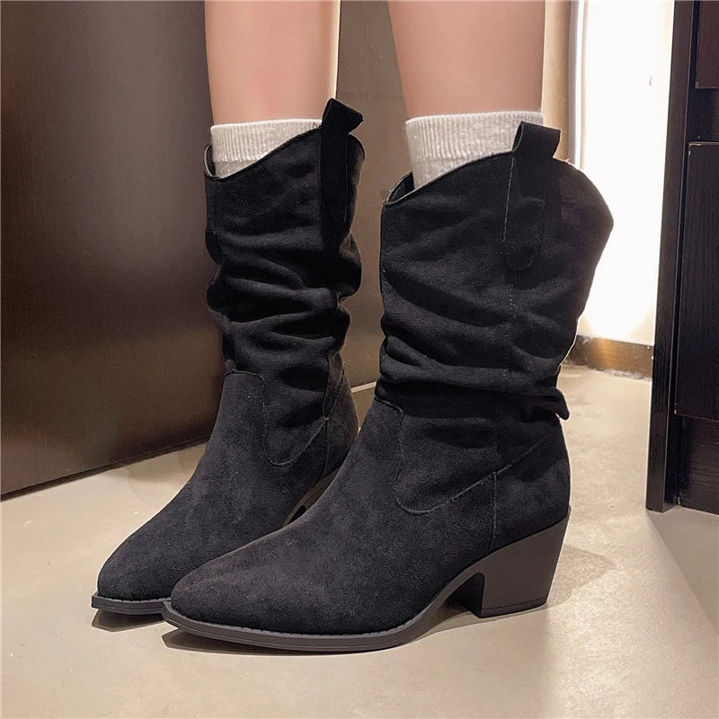 LBSFY -New Style Fashion Women's Mid-calf Boots Women Winter Ethnic Rivet Tassel Boots Woman Suede Pointed Thick Heel Shoes Boots