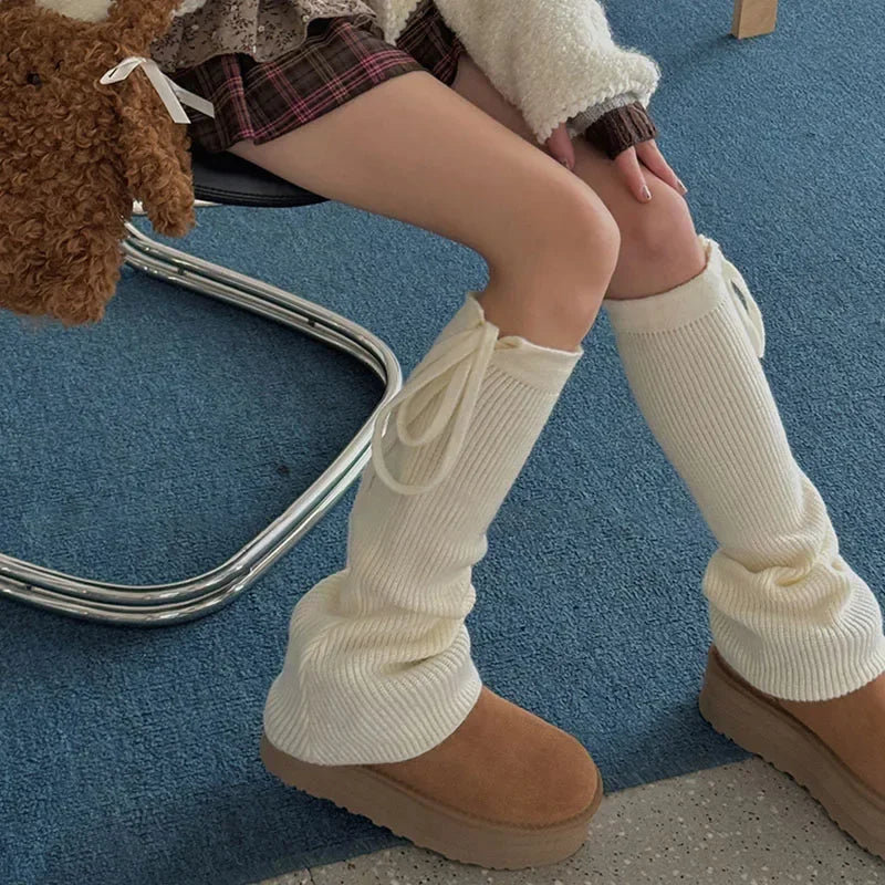 Lbsfy Tie Rope Bow Leg Warmers Wool Knitted Vintage Calf Leggings Socks Korean Women Y2K Leg Cover Socks Winter Warm Foot Protector