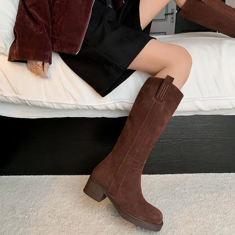 LBSFY  -  Cow Suede Knee High Boots Women Slip On Square Mid Heels Thick Fur Warm Winter Boots Handmade Retro Shoes
