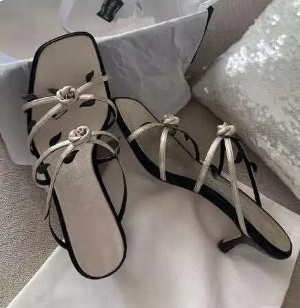 LBSFY  -  Sweet Girls Pink Black Rose Flower Decor Sheep Skin Leather Square Toe Hollow 6 CM Kitten Heels Slippers Women Leisure Sandals