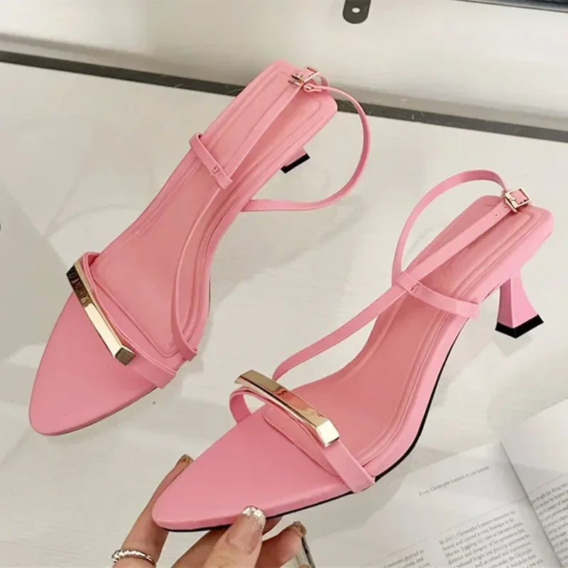 LBSFY  -  Pointed Open Toe Woman Sandals 2024 Summer Metal Decoration Fashion Buckle Strap Thin Low Heels Casual Brands Shoes for Women