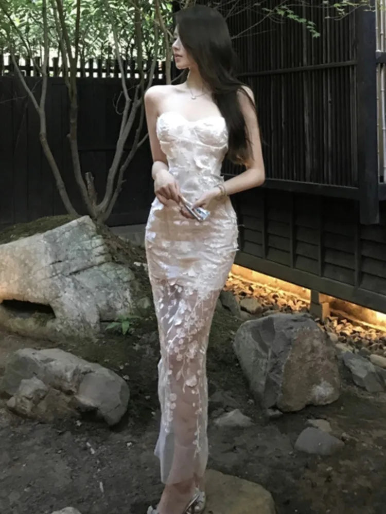 LBSFY -Sexy Floral Strapless Womens Dresses Mesh Patchwork Sleeveless Bodycon Evening Party Dress Elegant Gown Prom Formal Clothes New