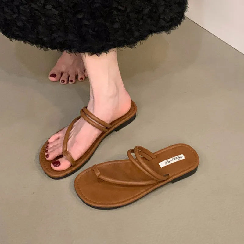 LBSFY -Summer New Brand Women Slippers Fashion Narrow Band Ladies Elegant Slides Flat Heel Outdoor Gladiator Shoes Beach Shoes